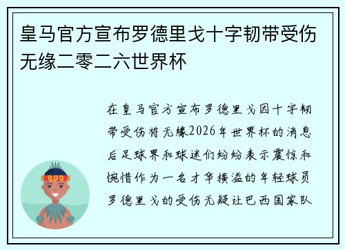 皇马官方宣布罗德里戈十字韧带受伤无缘二零二六世界杯